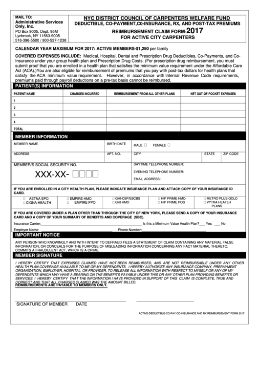 Deductible Co Payment Co Insurance And Rx Reimbursement Claim Form