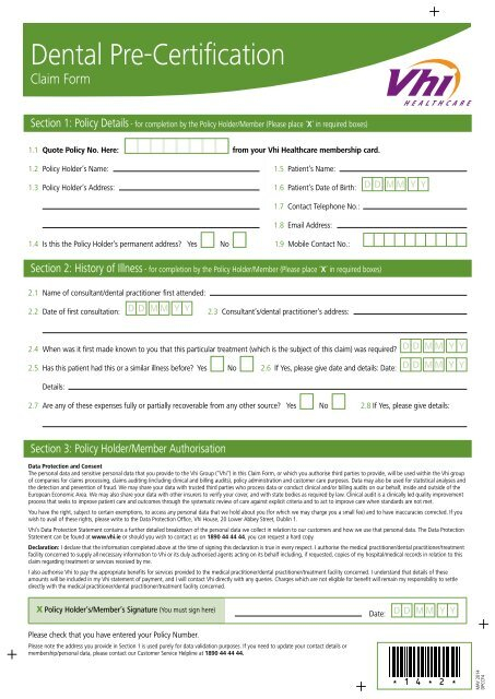 Dental Pre Certification Form Vhi