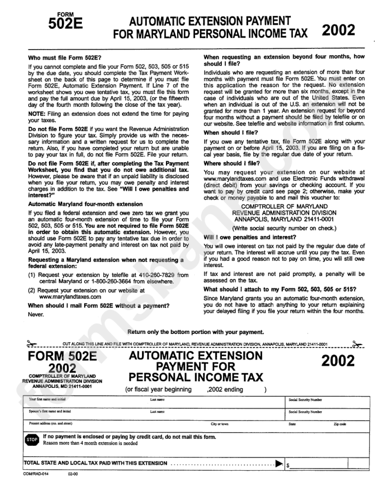 Form 502e Automatic Extension Payment For Maryland Personal Income 