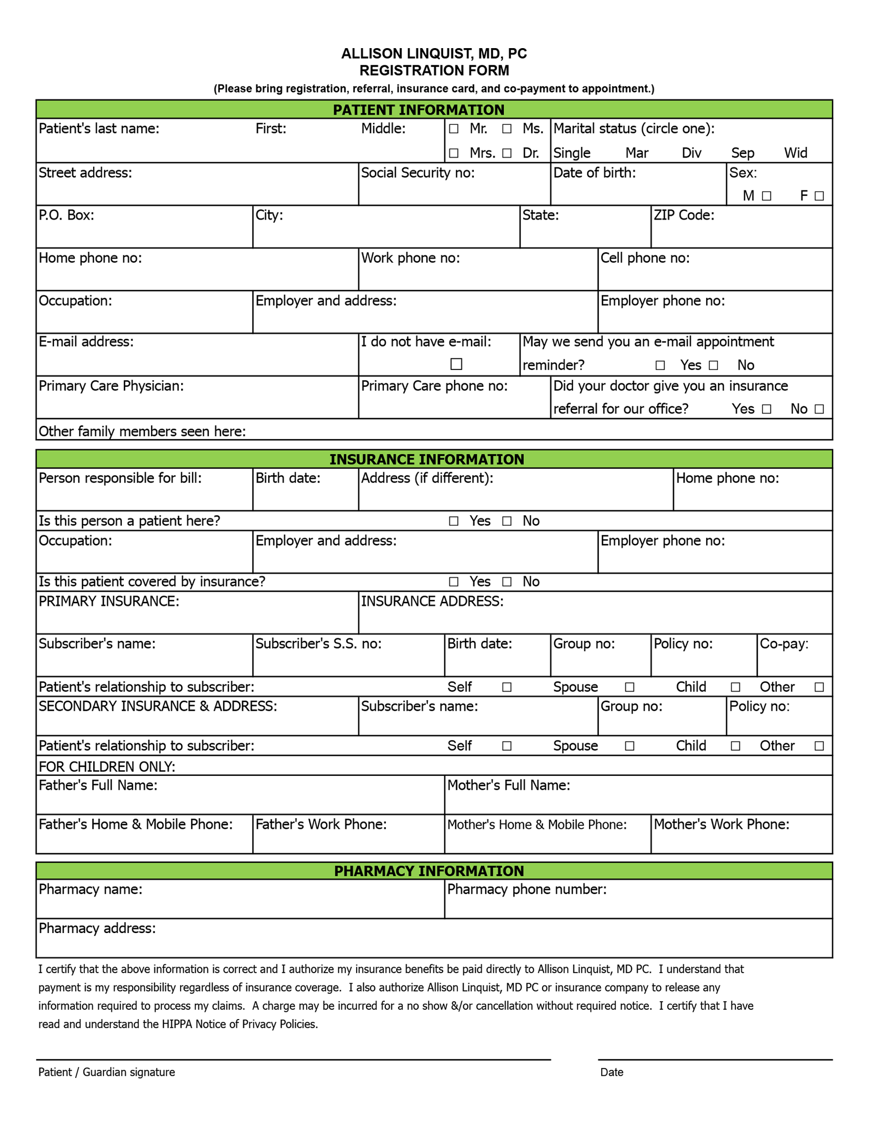 Forms Insurances Allison Linquist MD PC Forms Insurances Allison Linquist MD PC