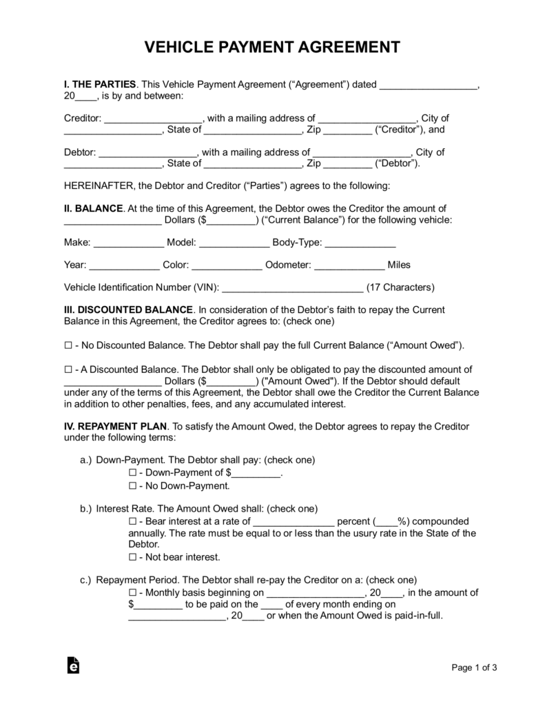 Free Vehicle Payment Plan Agreement PDF Word EForms