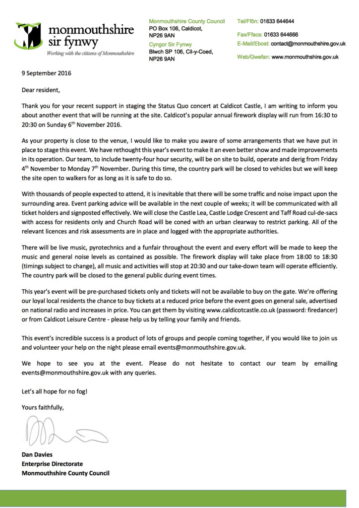 Letter To Residents Fireworks 2016 Caldicot Town Team