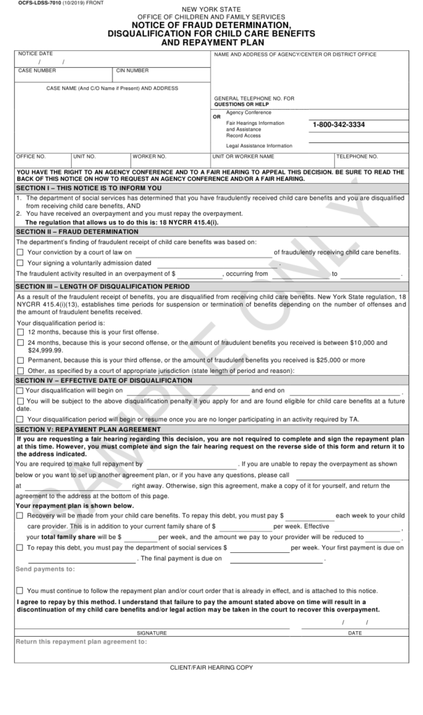 Sample Form OCFS LDSS 7010 Download Printable PDF Or Fill Online Notice 