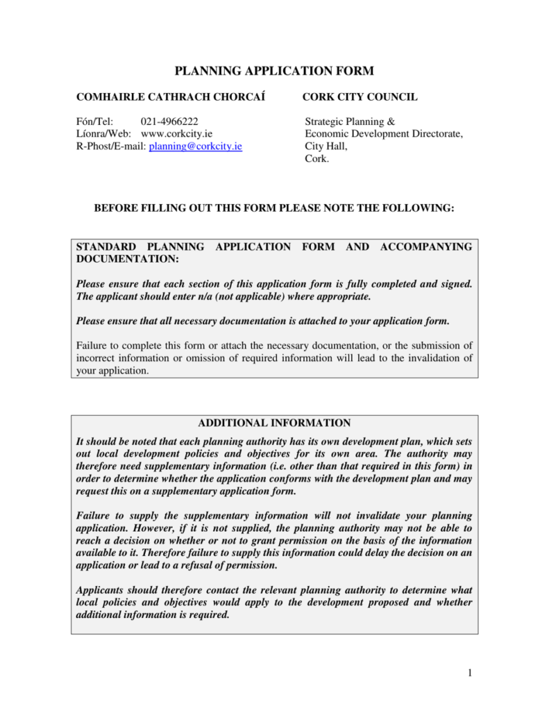 Cork City County Cork Ireland Planning Application Form Download 