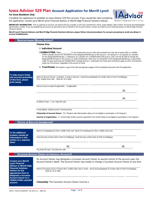 Fillable Iowa Advisor 529 Plan Account Application For Merrill Lynch 