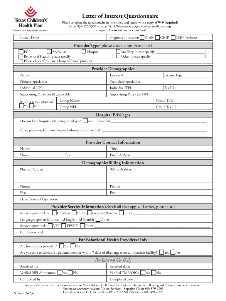 Fillable Online Texaschildrenshealthplan Letter Of Interest