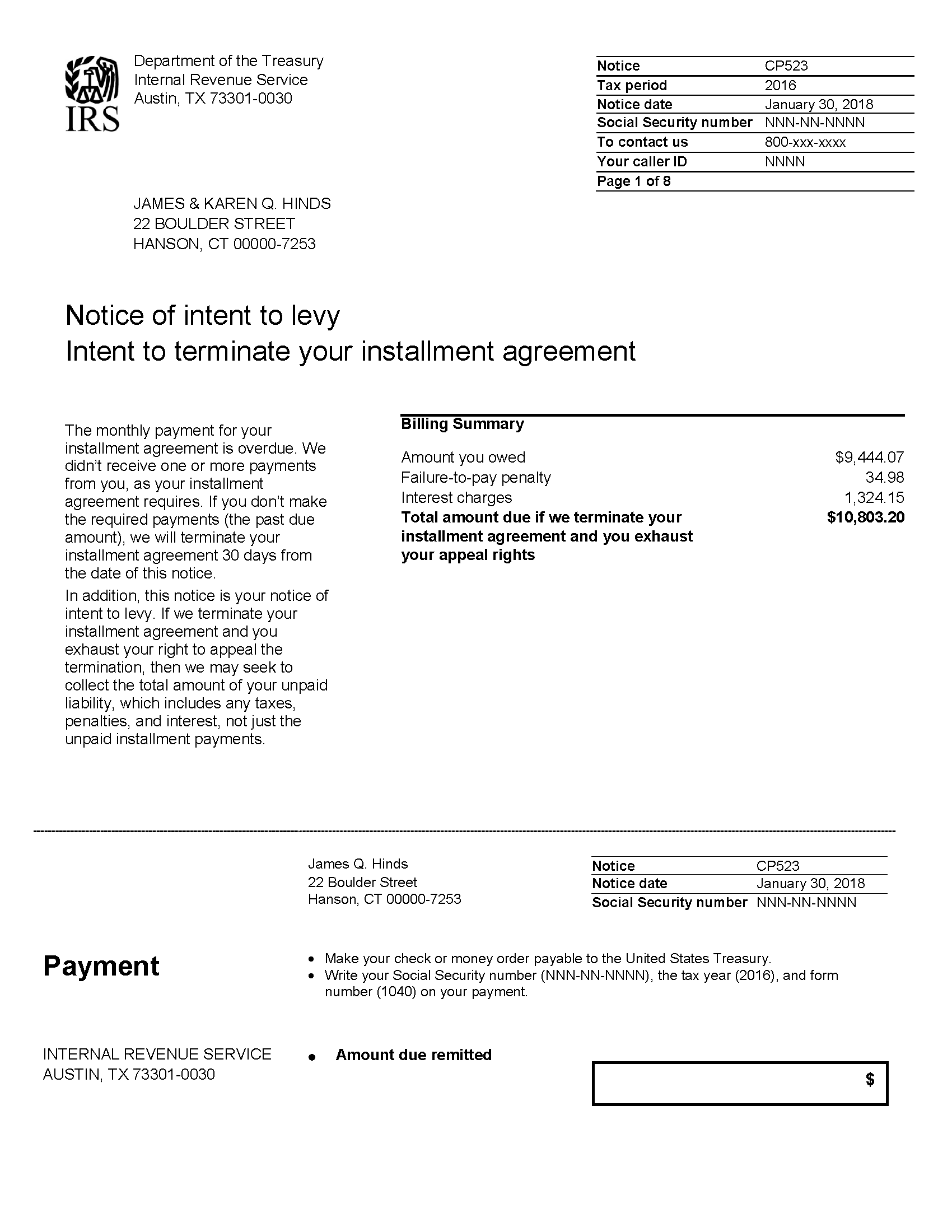 IRS Notice CP523 Intent To Terminate Your Installment Agreement H R