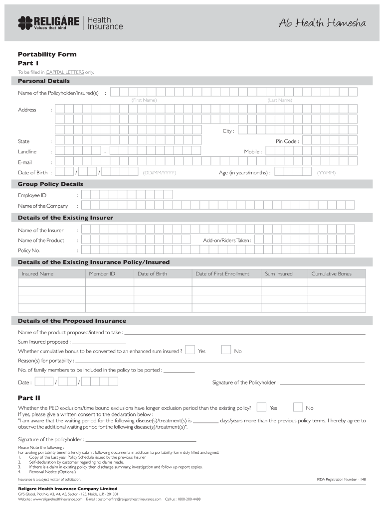 Religare Health Insurance Portability Form 2019 Fill And Sign 