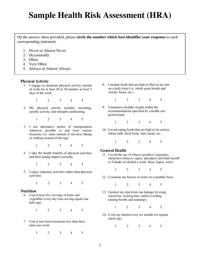 Sample Health Risk Assessment HRA Form Download Printable PDF 