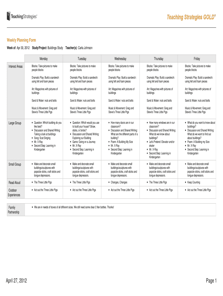 2012 2025 Teaching Strategies GOLD Weekly Planning Form Fill Online Printable Fillable Blank PdfFiller