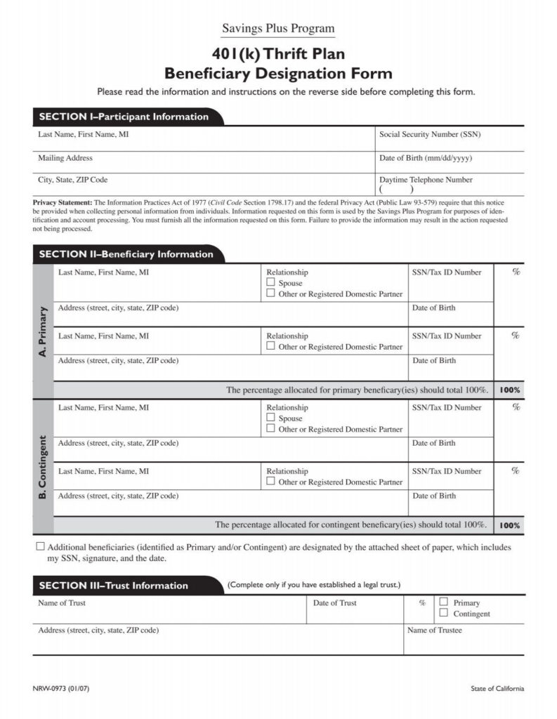 401 k Thrift Plan Beneficiary Designation Form