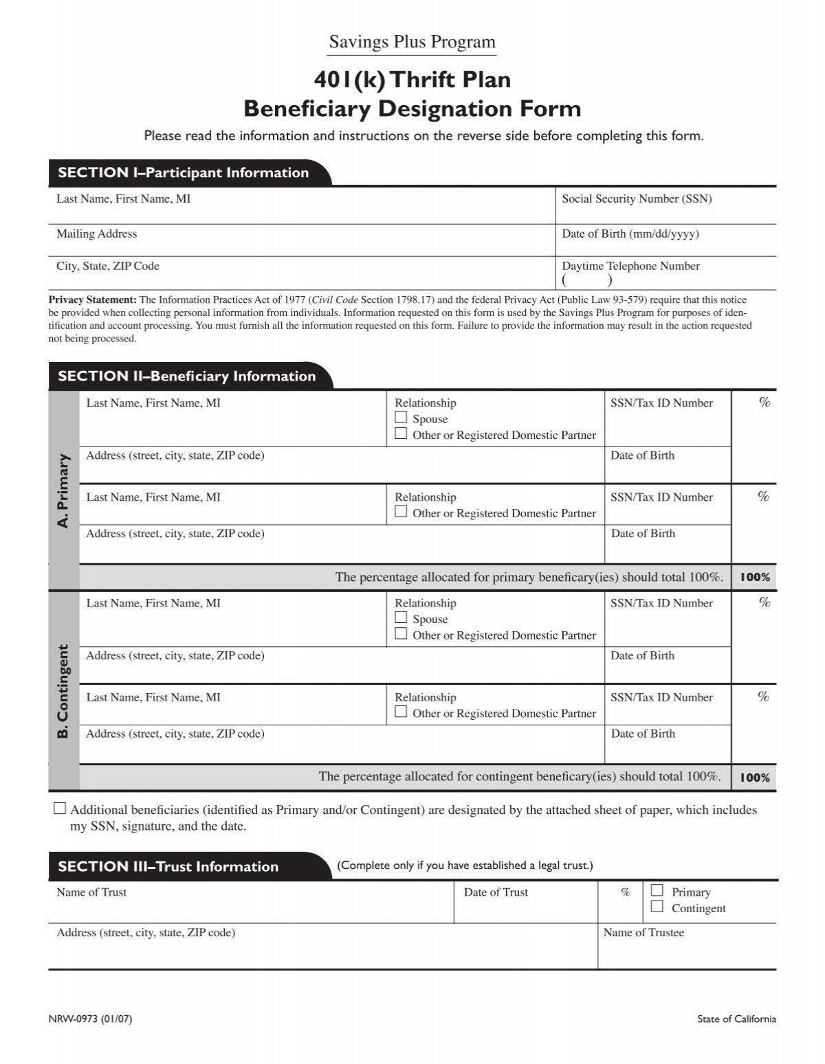 401 k Thrift Plan Beneficiary Designation Form