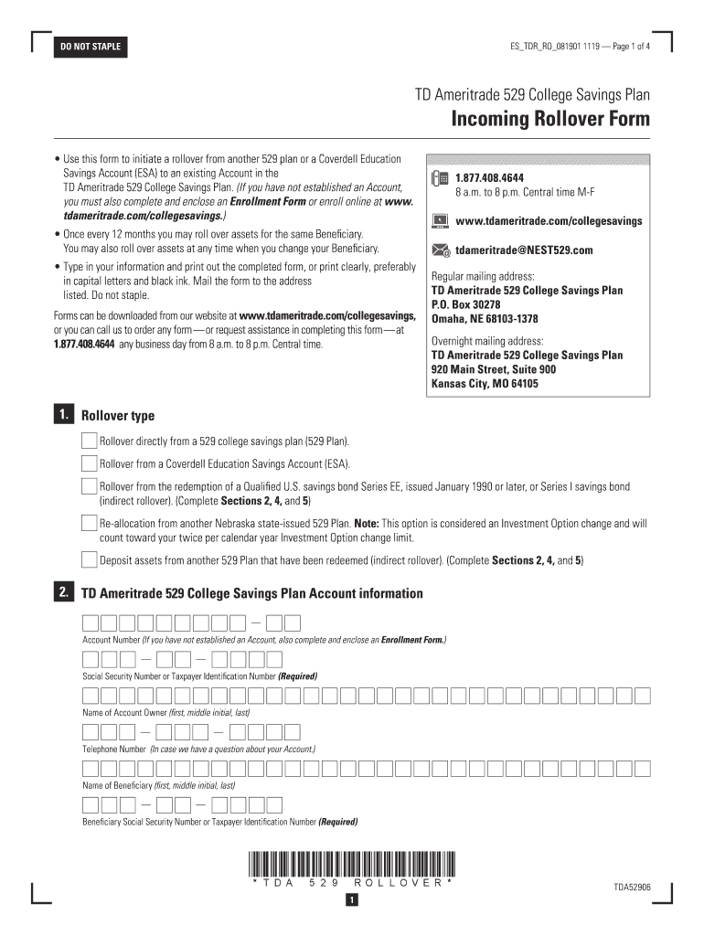 529 College Savings Plan Incoming Rollover Form TD Fill Out Sign Online DocHub