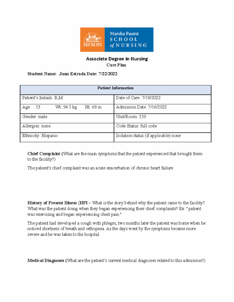 ADN108C Care Plan Template 2 1 Copy Associate Degree In Nursing Care Plan Student Name Juan Studocu
