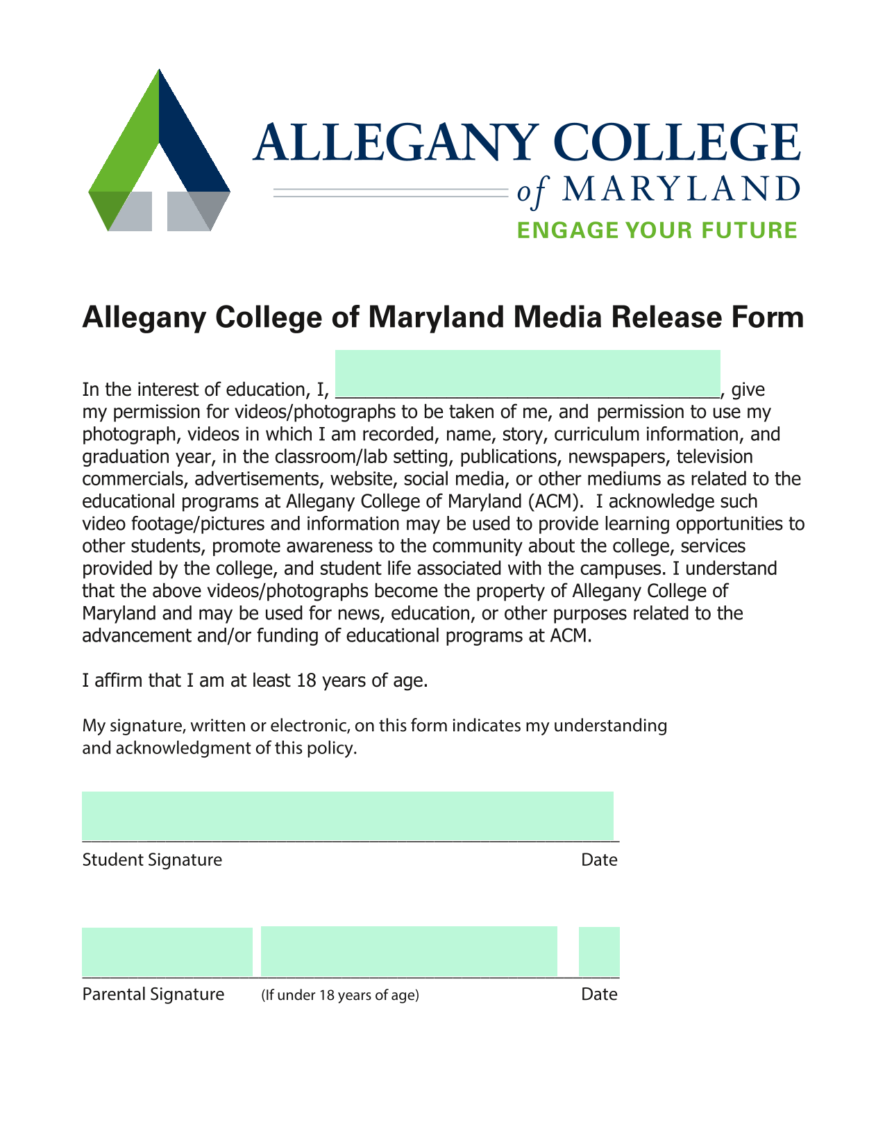 Allegany College Of Maryland Media Release Form Allegany College Of Maryland Media Release Form