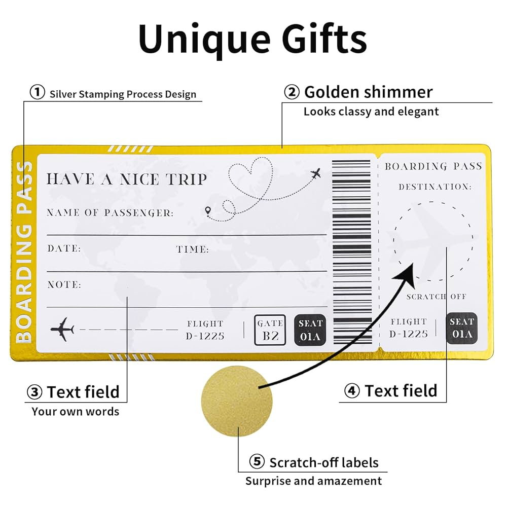 Amazon 6 Pieces Boarding Pass Scratch off Gift Ticket Golden Travel Ticket Scratch off Card With Envelopes Unique Travel Gift Card Scratch Reveal Surprise Ticket For Valentine s Day Birthday Girlfriends Office Products