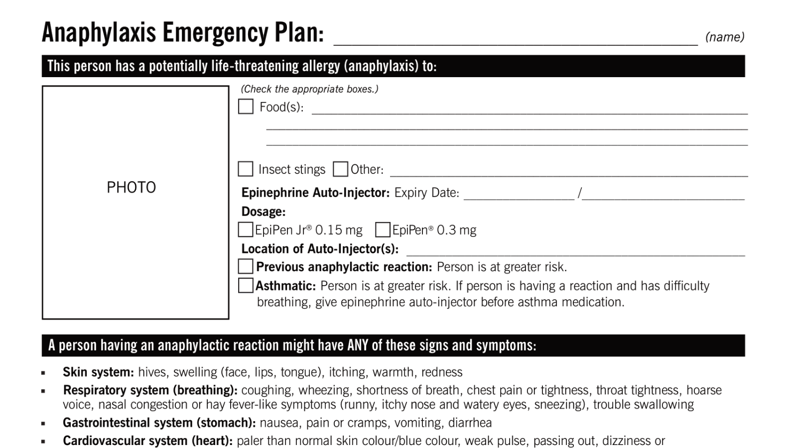 Anaphylaxis Emergency Plan Food Allergy Canada