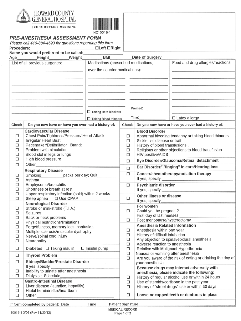 Anesthesia Form Fill Online Printable Fillable Blank PdfFiller