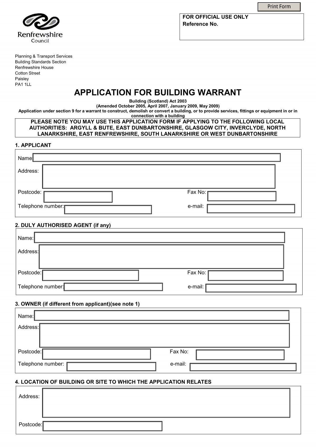APPLICATION FOR BUILDING WARRANT Renfrewshire Council APPLICATION FOR BUILDING WARRANT Renfrewshire Council