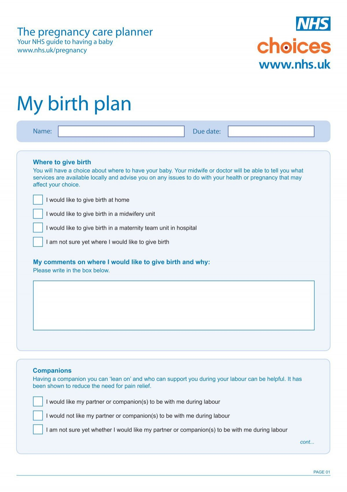 Birth Plan blank form NHS Choices Pregnancy Baby