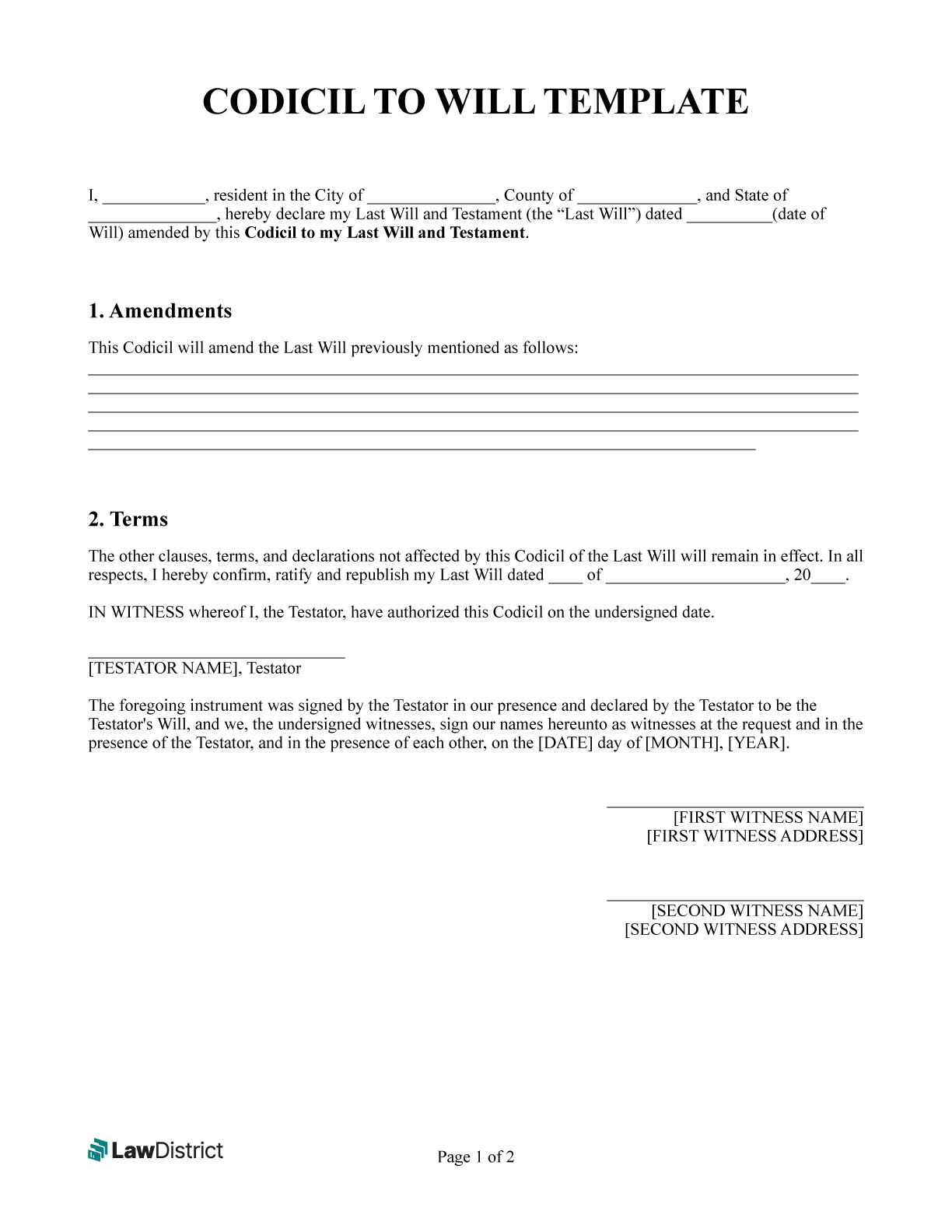 Codicil To Will Form Free Printble PDF Word LawDistrict Codicil To Will Form Free Printble PDF Word LawDistrict