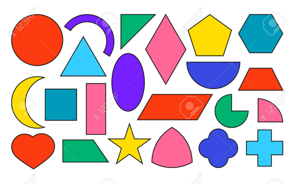 Coloridos Iconos De Formas Geom tricas Planas Con Conjunto De Contorno Negro Formas Matem ticas B sicas Como Cuadrado C rculo valo Tri ngulo Estrella Coraz n Y Otras Kit Para Aprender Ni os En La Escuela Ilustraci n De