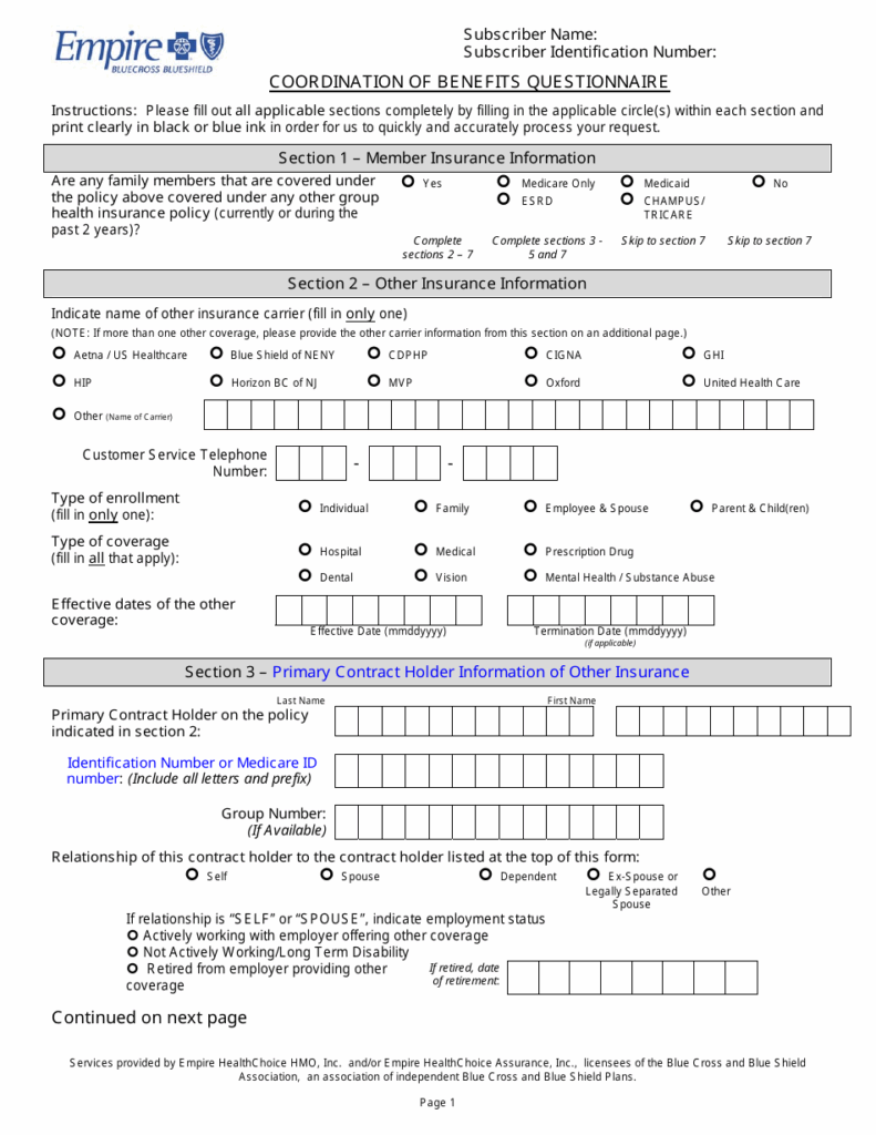 Coordination Of Benefits Questionnaire Form Empire Blue Cross Blue Shield Fill Out Sign Online And Download PDF Templateroller