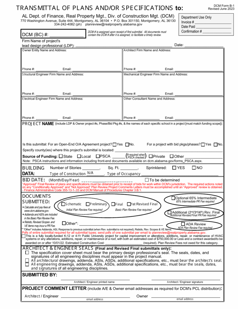 DCM Form B 1 Download Fillable PDF Or Fill Online Transmittal Of Plans And or Specifications Alabama 2021 2025 Templateroller