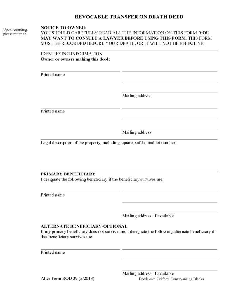 District Of Columbia Transfer On Death Deed Forms Deeds