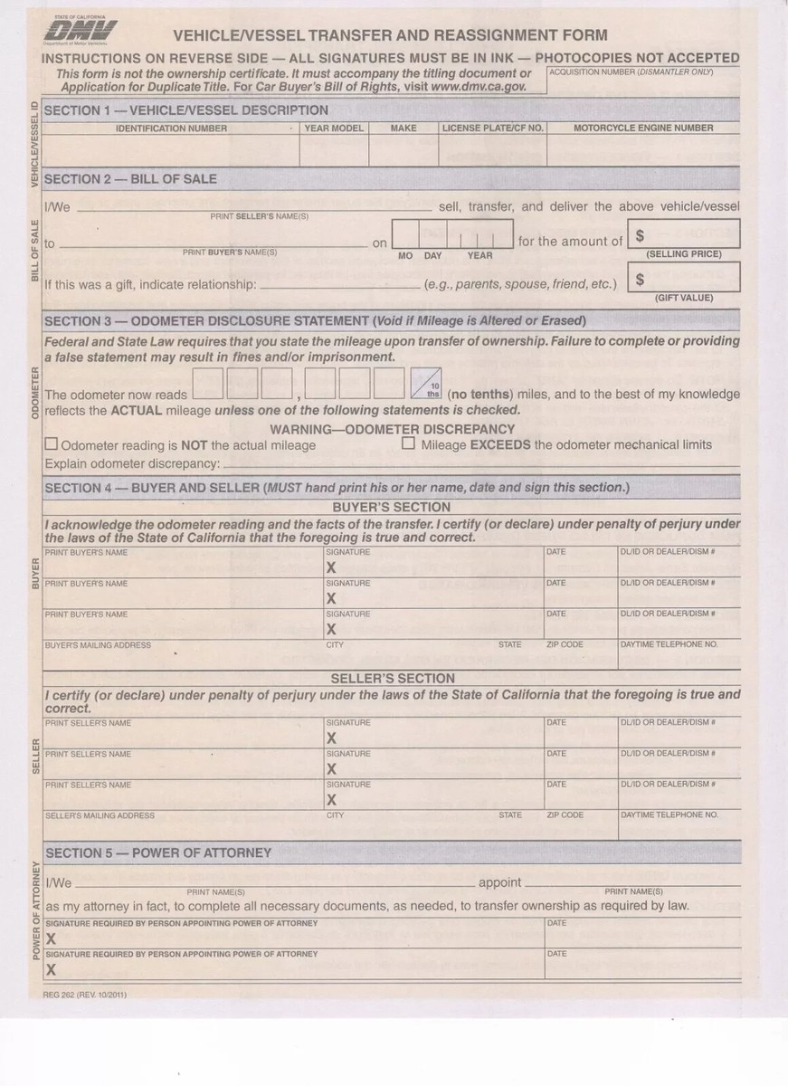 DMV REG 262 Form Pack Of 50 Vehicle Vessel Transfer And Reassignment Form EBay DMV REG 262 Form Pack Of 50 Vehicle Vessel Transfer And Reassignment Form EBay
