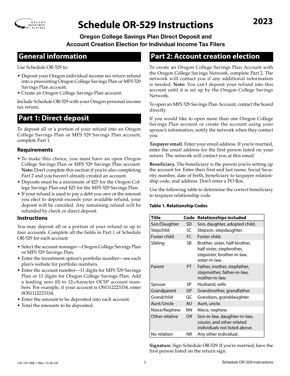 Download Instructions For Form 150 101 068 Schedule OR 529 Oregon College Savings Plan Direct Deposit And Account Creation Election For Individual Income Tax Filers PDF 2023 Templateroller