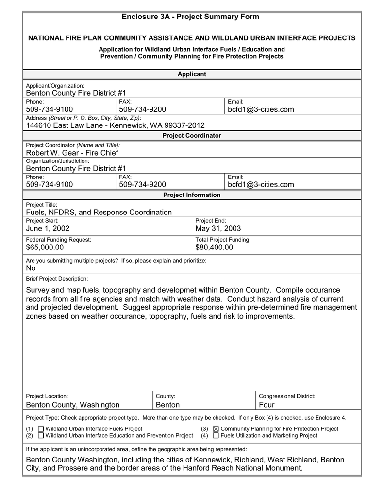 Enclosure 3A Project Summary Form