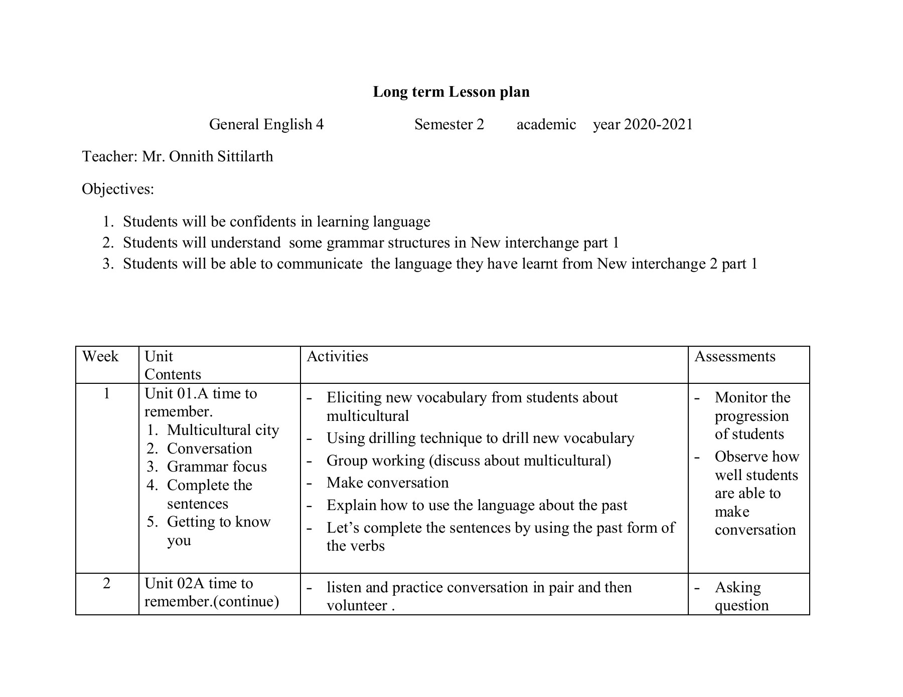 English 4 Longterm Lesson Plan 2020 2021 sem 2 Chudthang312201 Page 1 8 Flip PDF Online PubHTML5