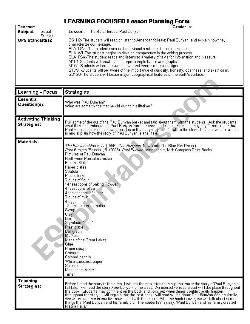English Worksheets LEARNING FOCUSED Lesson Planning Form