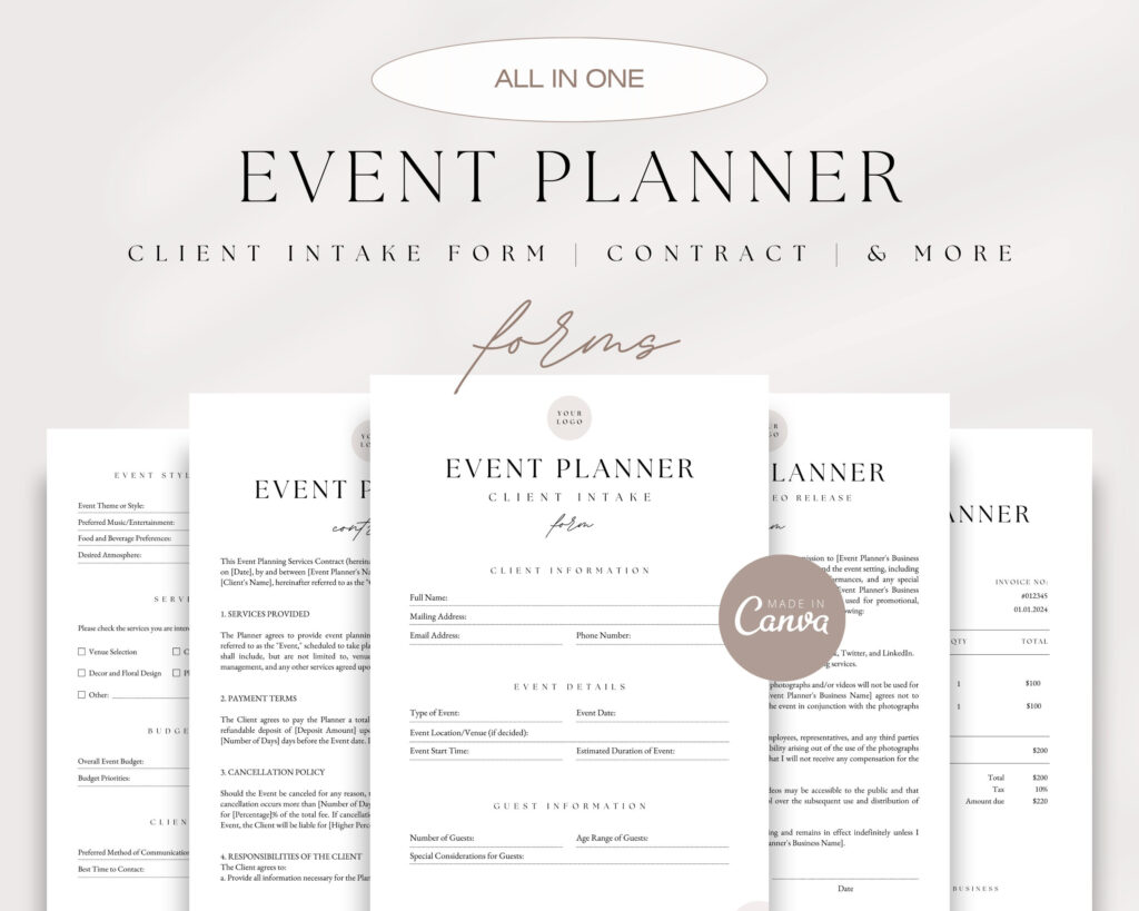 Event Planner Forms Bundle Event Planner Client Forms Event Planning Contract Client Intake Form Photo Video Release Form Invoice Etsy