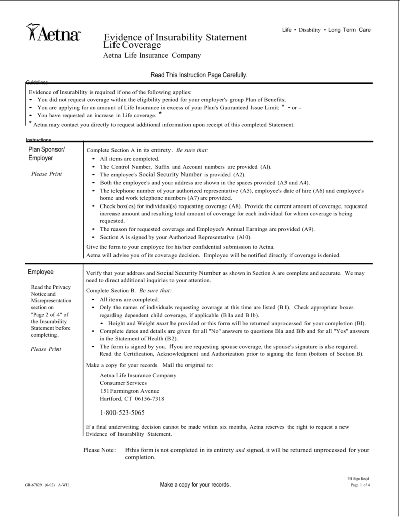 Evidence Of Insurability Statement Life Coverage