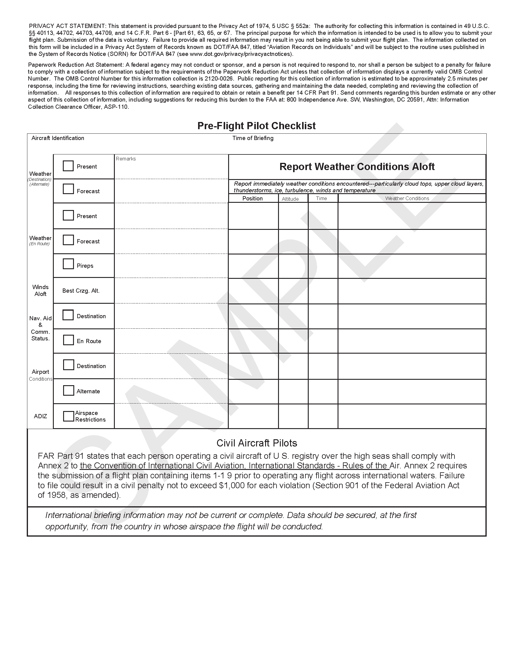 FAA Form 7233 4 International Flight Plan