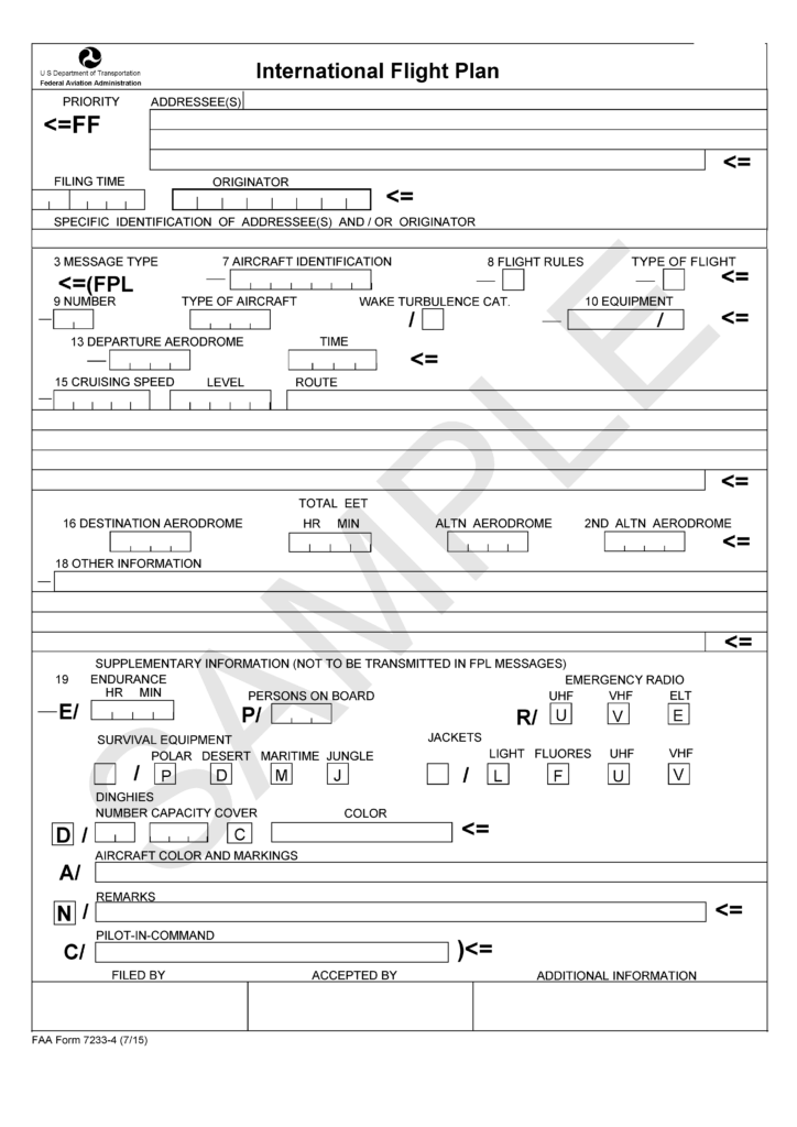 FAA Form 7233 4 International Flight Plan