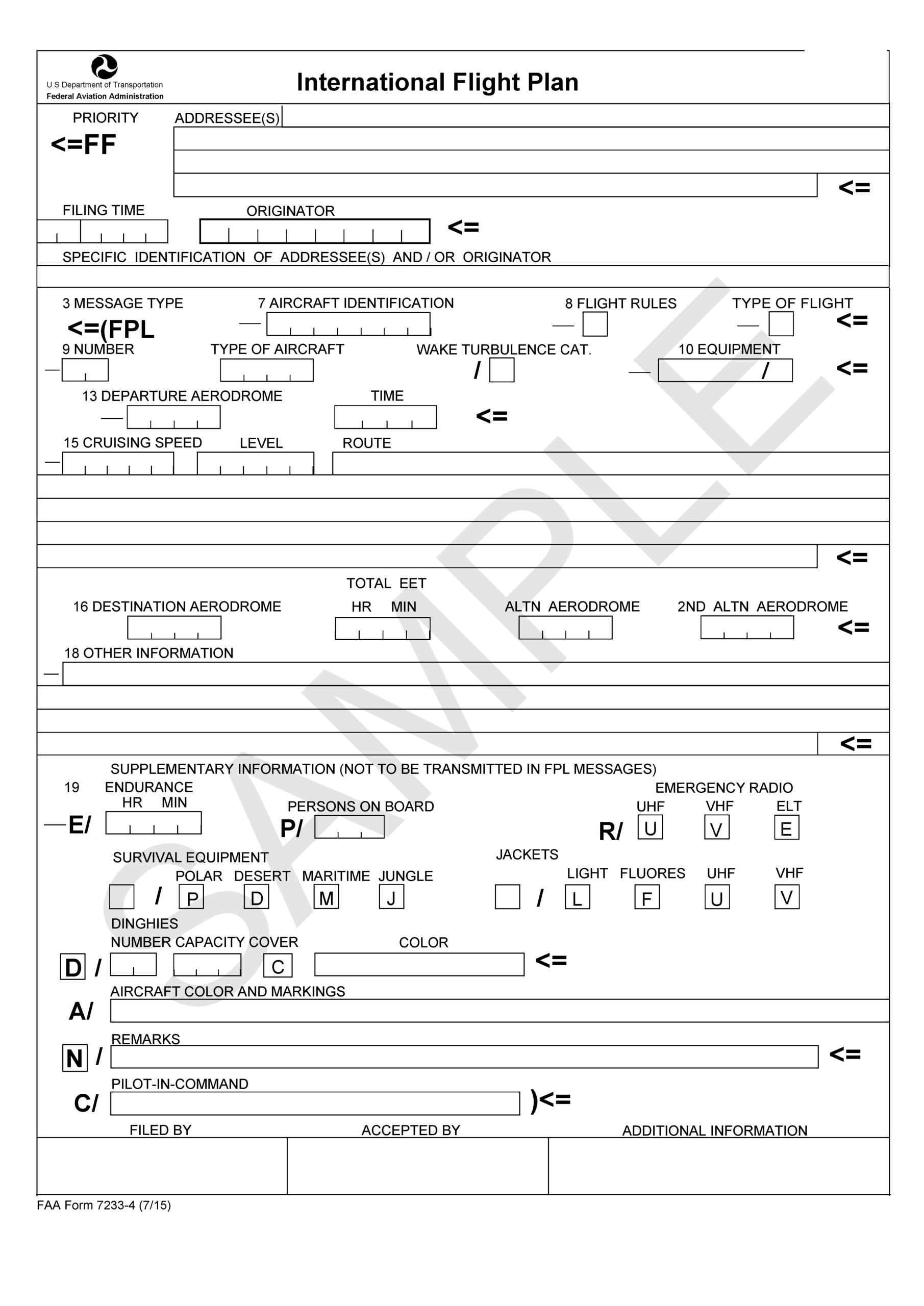 FAA Form 7233 4 International Flight Plan