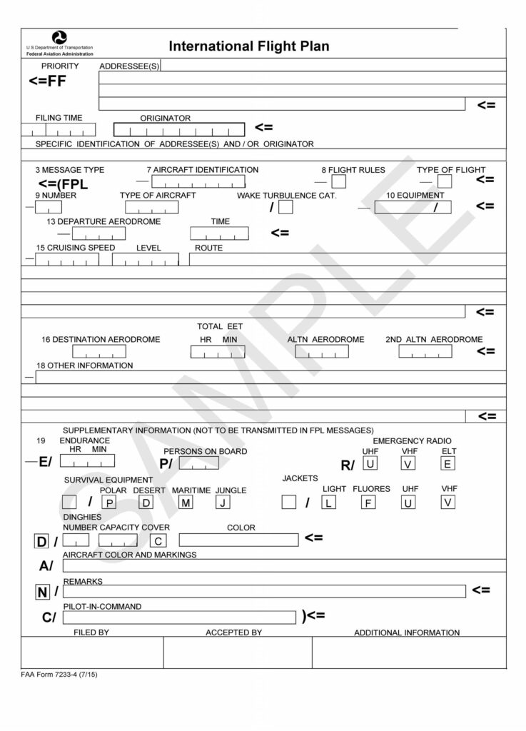 FAA Form 7233 4 International Flight Plan