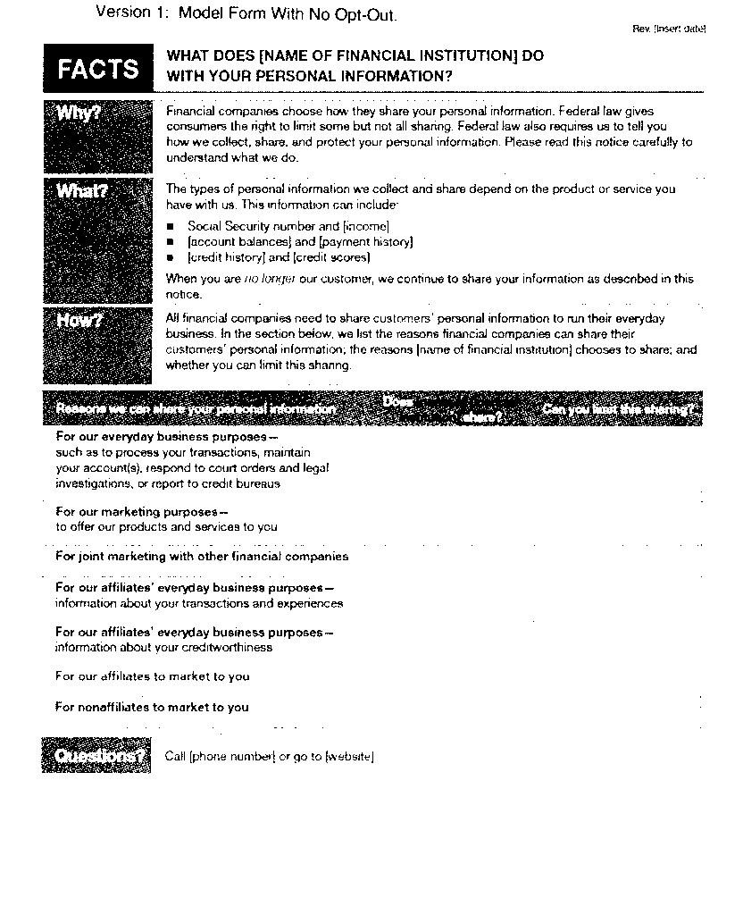 Federal Register Final Model Privacy Form Under The Gramm Leach Bliley Act