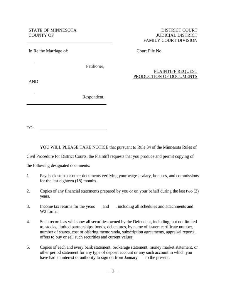 Fill And Sign The Discovery Plaintiffs Request For Production Of Documents Minnesota Form