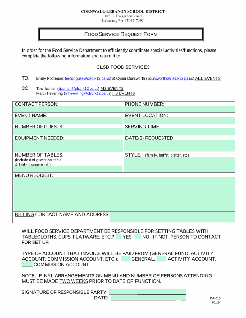 FOOD SERVICE REQUEST FORM