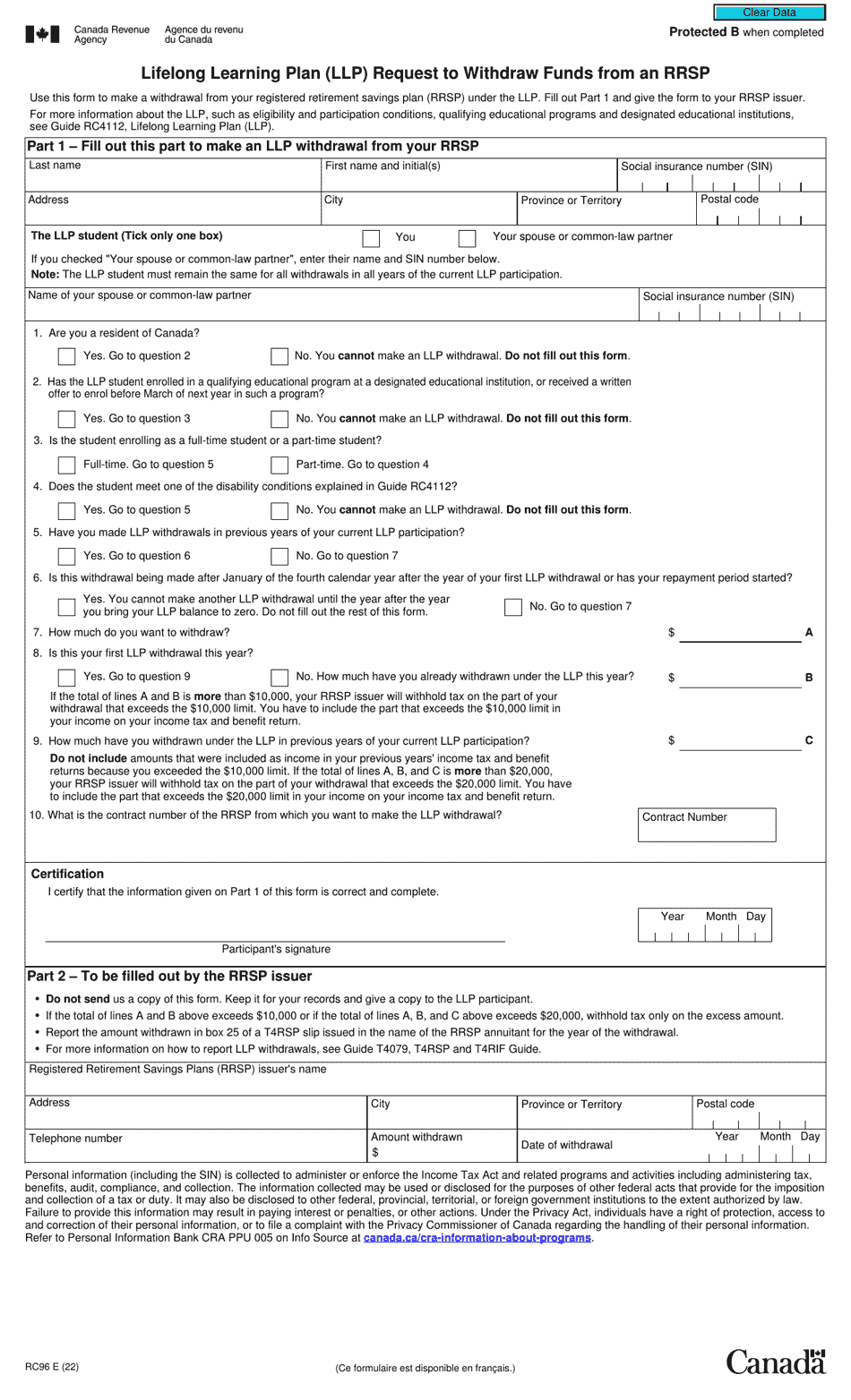 Form RC96 Download Fillable PDF Or Fill Online Lifelong Learning Plan LLP Request To Withdraw Funds From An Rrsp Canada 2019 2025 Templateroller
