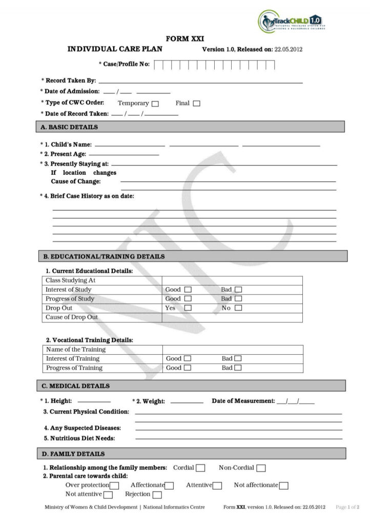 FORM XXI INDIVIDUAL CARE PLAN Track Missing Child