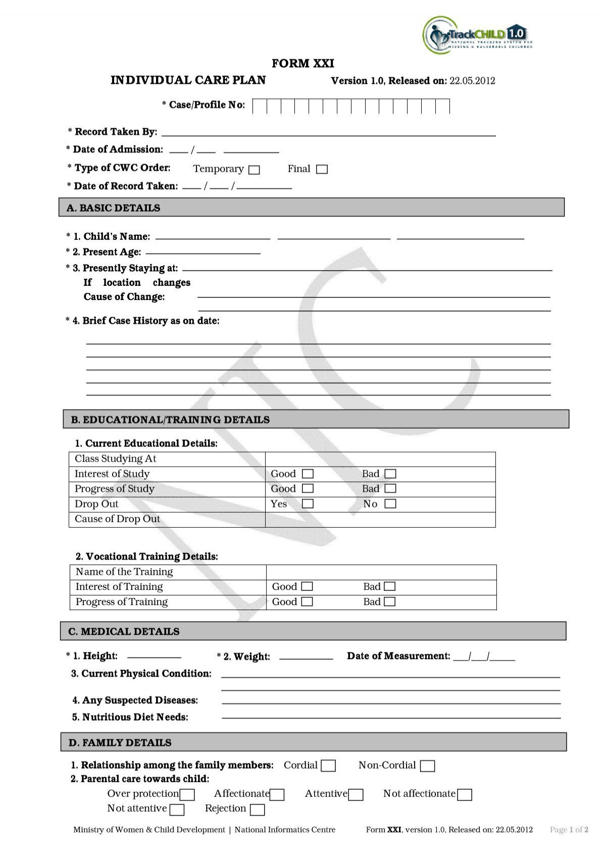 FORM XXI INDIVIDUAL CARE PLAN Track Missing Child
