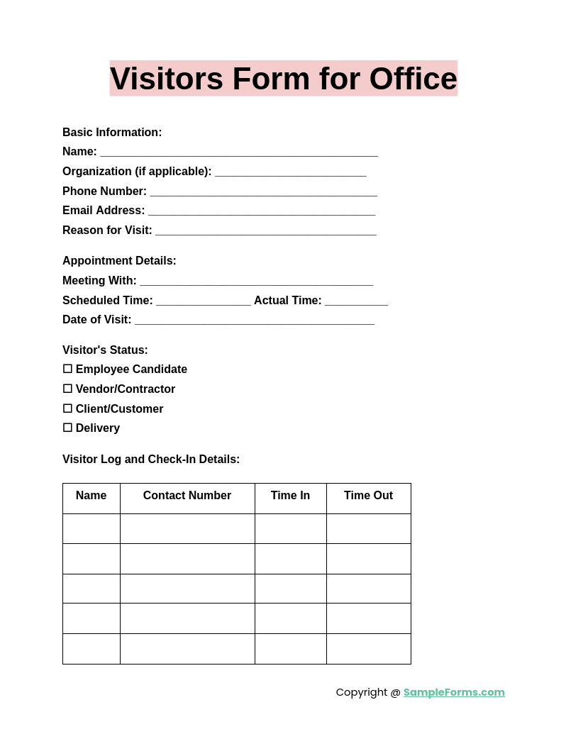 FREE 36 Visitors Form Samples PDF MS Word Google Docs Excel
