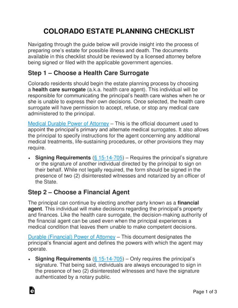 Free Colorado Estate Planning Checklist PDF Word EForms