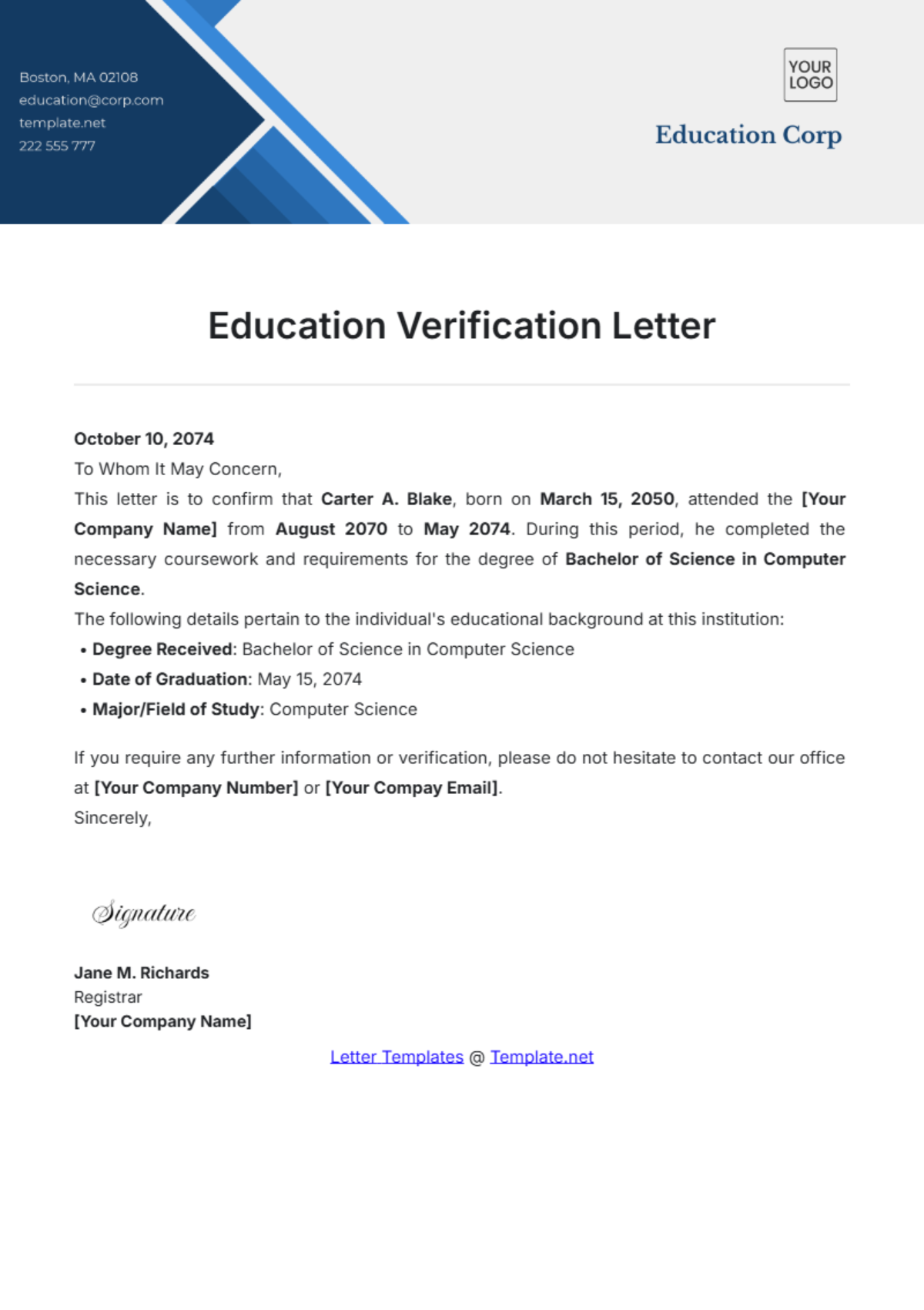 Free Education Verification Letter Template To Edit Online