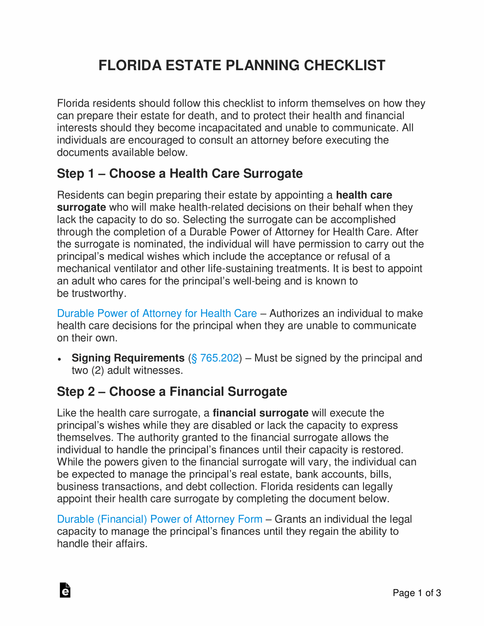 Free Florida Estate Planning Checklist PDF Word EForms